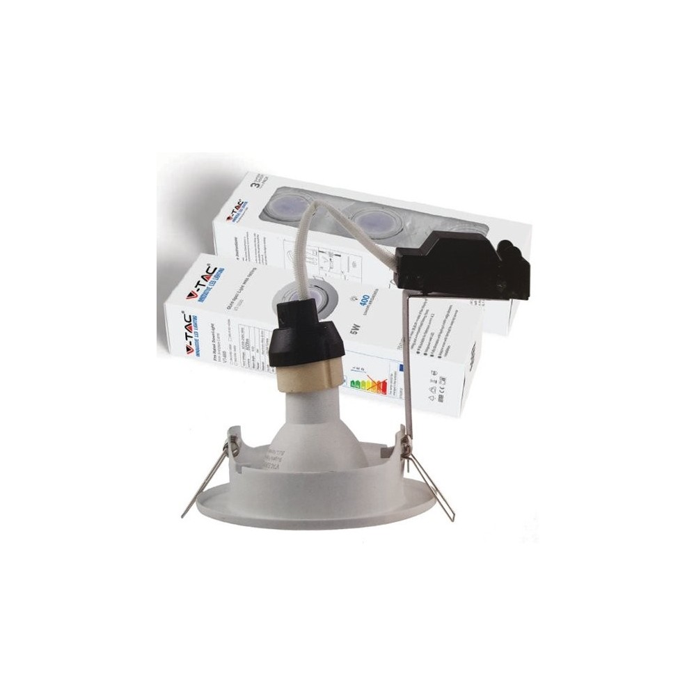 V-Tac 3-pak downlights med 5W lyskilde - Hvit front, komplett med GU10 holder og LED spotter, innendørs - Dimbar : Ikke dimbar, Kulør : Varm